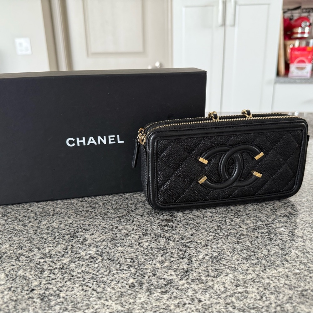 Chanel Filigree Double Zip Clutch with Chain Quilted Caviar